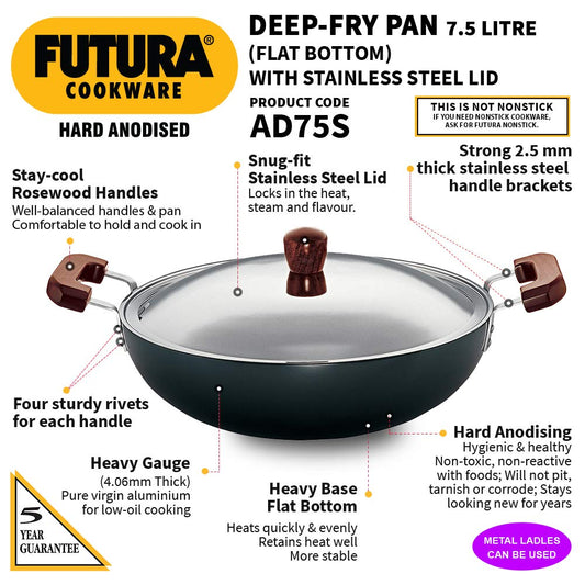 Hawkins Futura HA Deep Frying Pan 7.5L 7.5L- 3Pcs (AD75S) W/Lid