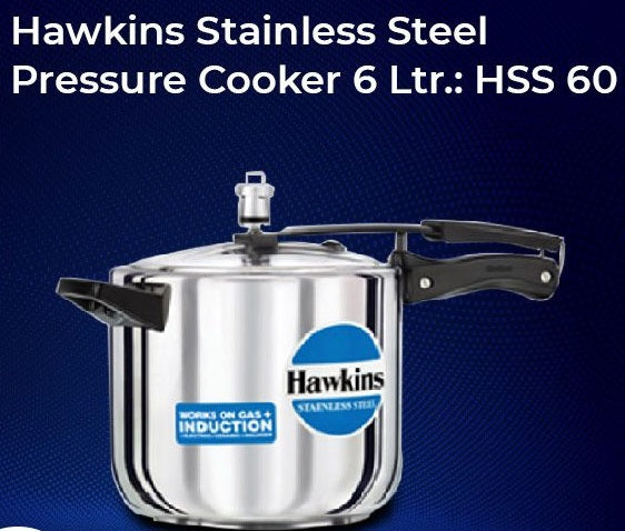 Hawkins Stainless Steel Cooker 6L Induction Compatible 6L- 4Pcs (HSS60)