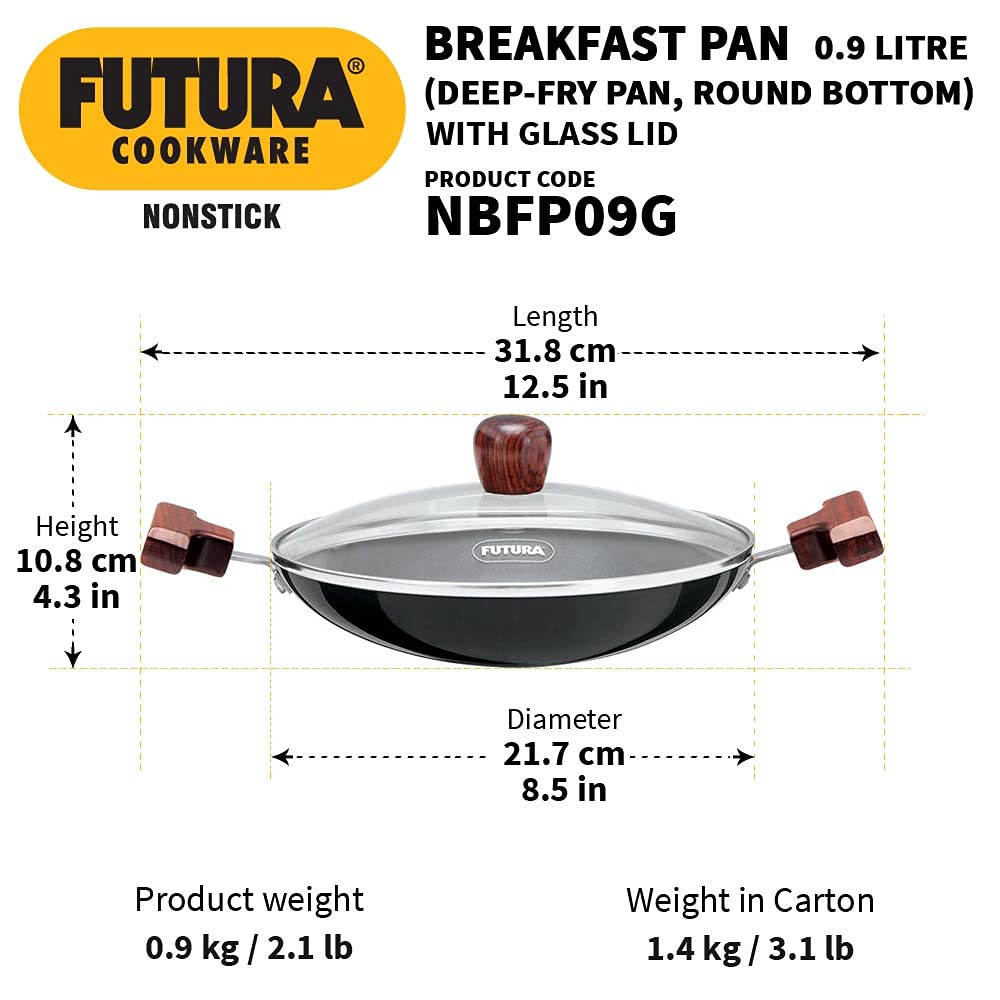 Hawkins Futura NS Deep Frying Pan (Breakfast Pan) Appachetty with Glass Lid 22cm (0.9L) - 12Pcs (NBFP09G)