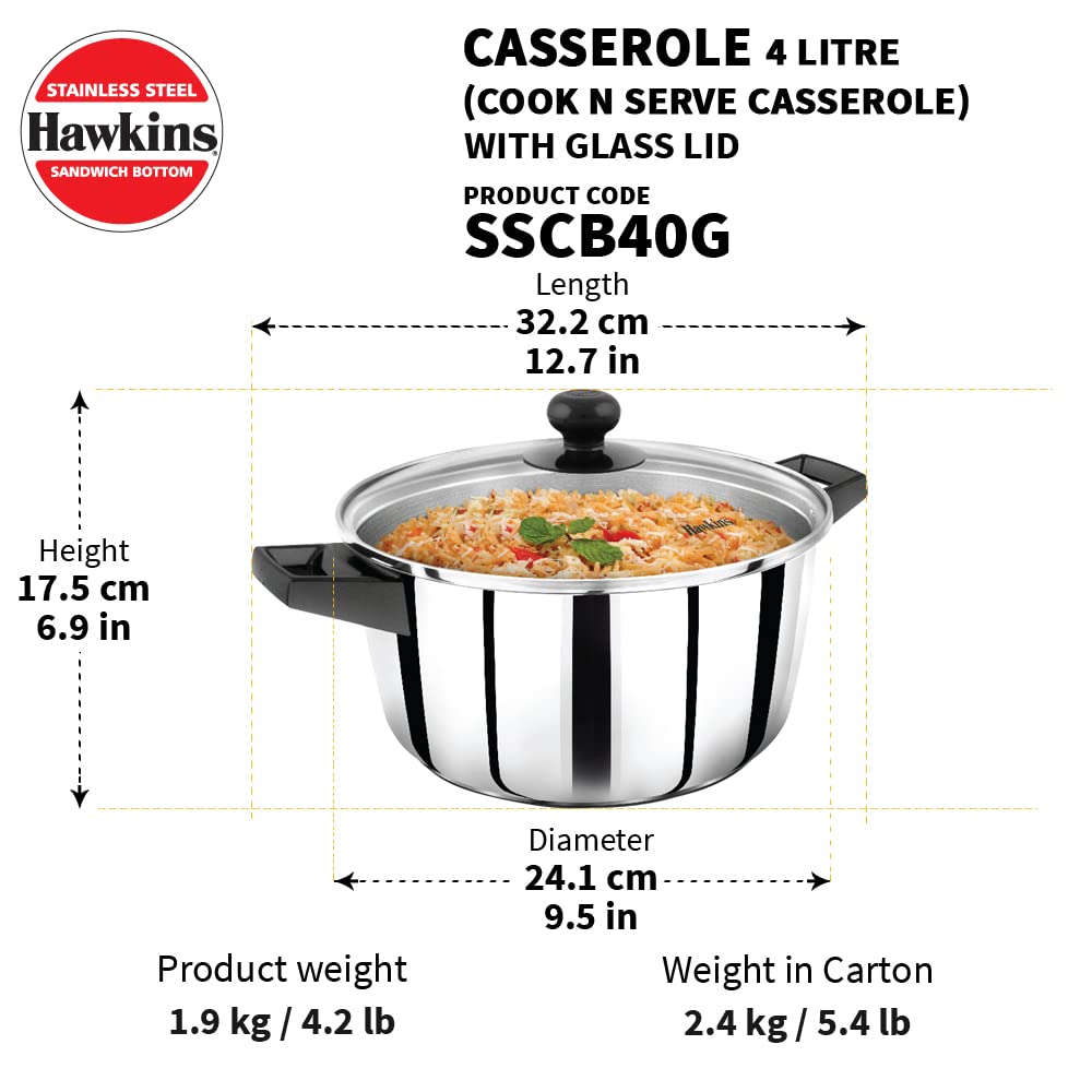 Hawkins Stainless Steel Cook n Serve Casserole with G/Lid 4L- 6Pcs (SSCB40G)