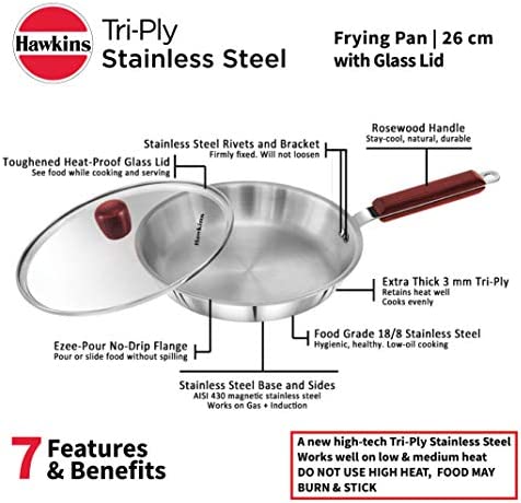 Hawkins Stainless Steel Tri-ply Frying Pan 26 cm W/Glass Lid - 6Pcs (SSF26G)