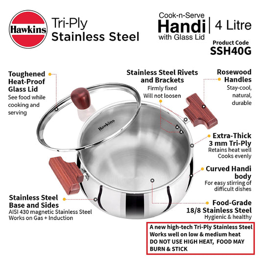 Hawkins Stainless Steel Tri-Ply Handi with G/Lid 4L- 6Pcs (SSH40G)