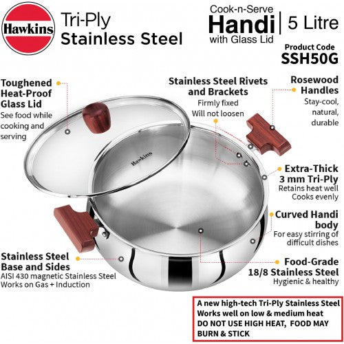 Hawkins Stainless Steel Tri-Ply Handi with G/Lid 5L- 4Pcs (SSH50G)