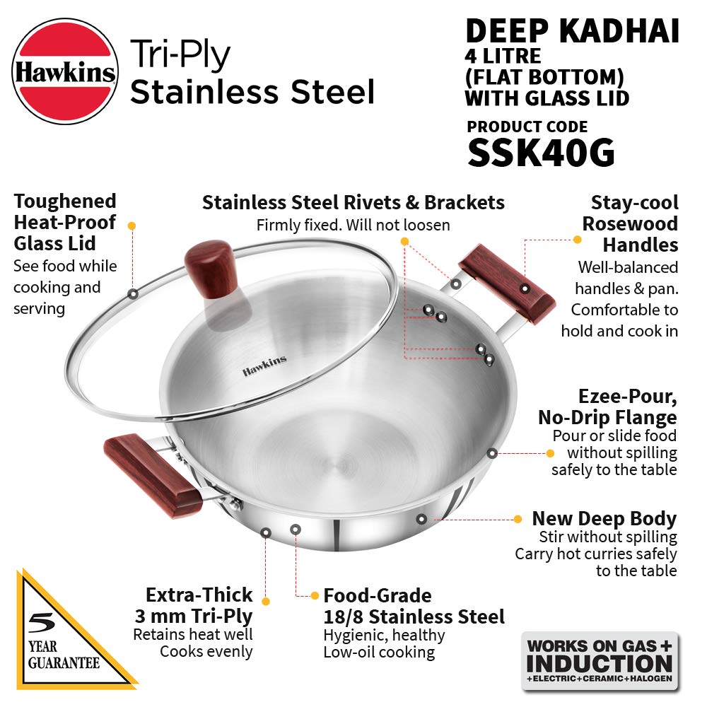 Hawkins Stainless Steel Tri-Ply Deep Frying Pan with G/Lid 4L 4L- 3Pcs (SSK40G)