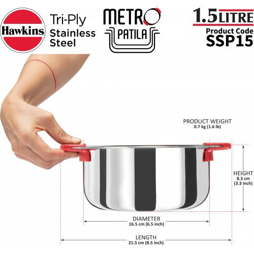 Hawkins Stainless Steel Tri-Ply Metro Patila 1.5L- 12Pcs (SSP15)