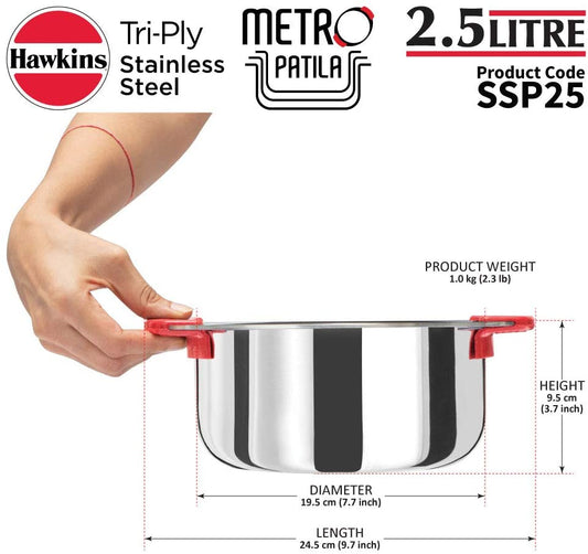 Hawkins Stainless Steel Tri-Ply Metro Patila 2.5L- 12Pcs (SSP25)