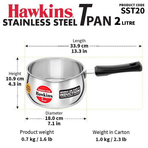 Hawkins Stainless Steel  SaucePan/ T-Pan 2L- 8Pcs (SST20) without Lid