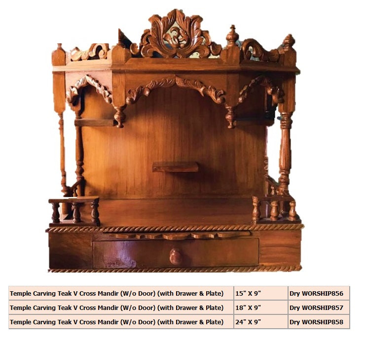 Temple Carving Teak V Cross Mandir (W/o Door) (with Drawer & Plate) 18- X 9-