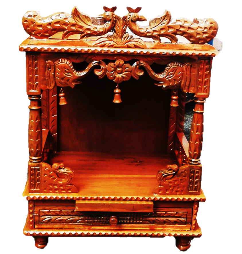 Temple Hathi Mor Full Carving Teak (W/o Door) (with Drawer & Plate) 18- X 10-