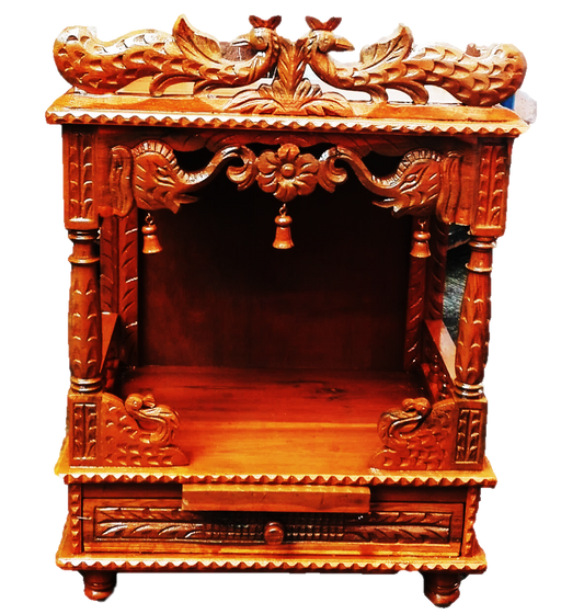 Temple Hathi Mor Full Carving Teak (W/o Door) (with Drawer & Plate) 18- X 10-